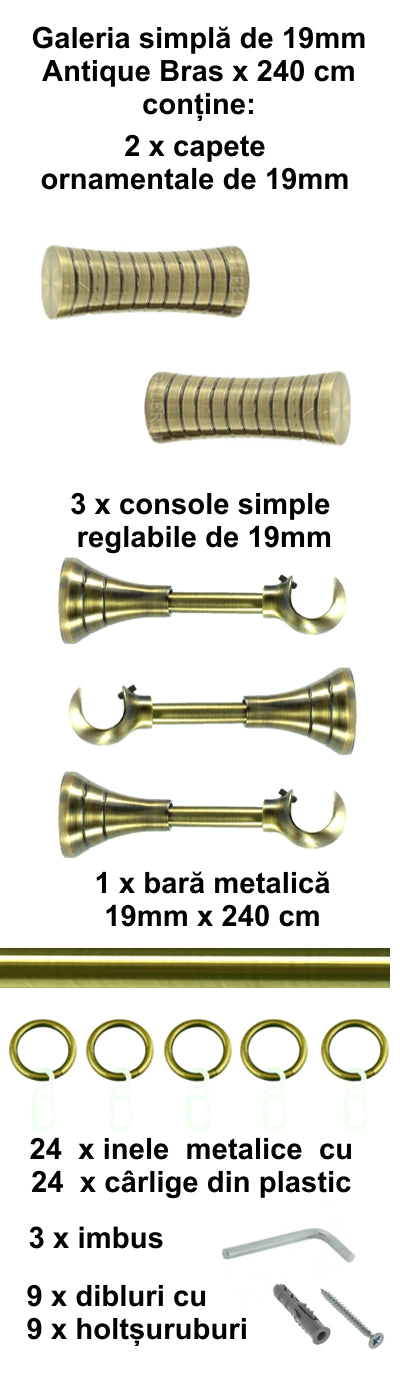Galerie Metalică Febris, simplă, clasică, cu inele, 19mm, antique brass (auriu antic)
