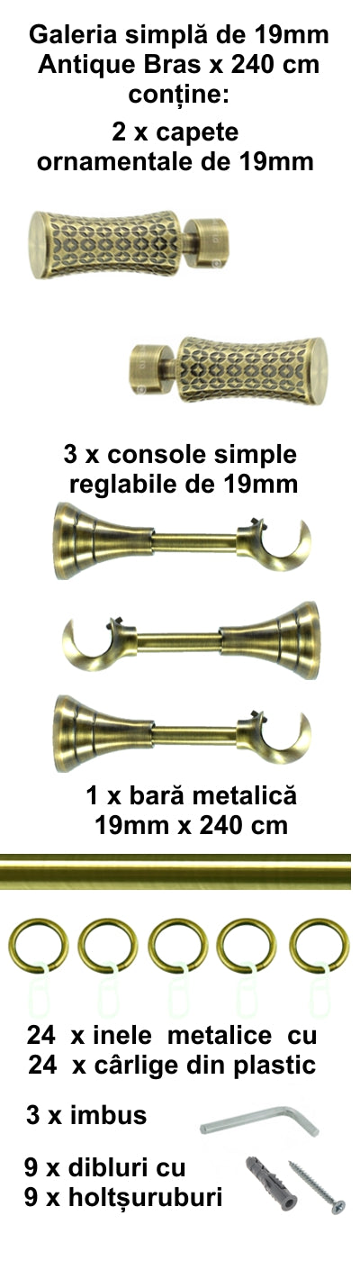 Galerie Metalică Jaris, simplă, clasică, cu inele, 19mm, antique brass (auriu antic)