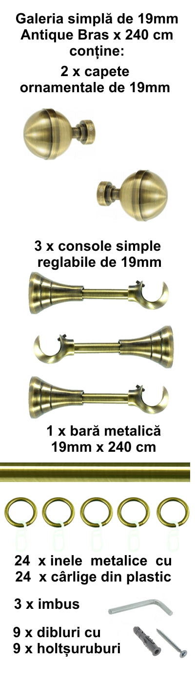 Galerie Metalică Kalisto, simplă, clasică, cu inele, 19mm, antique brass (auriu antic)