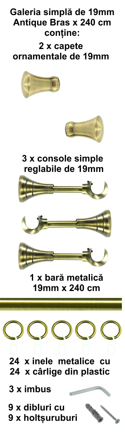Galerie Metalică Monaco, simplă, clasică, cu inele, 19mm, antique brass (auriu antic)