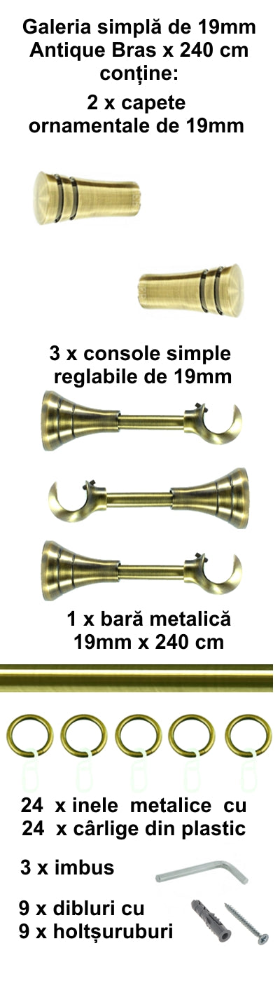 Galerie Metalică Paola, simplă, clasică, cu inele, 19mm, antique brass (auriu antic)