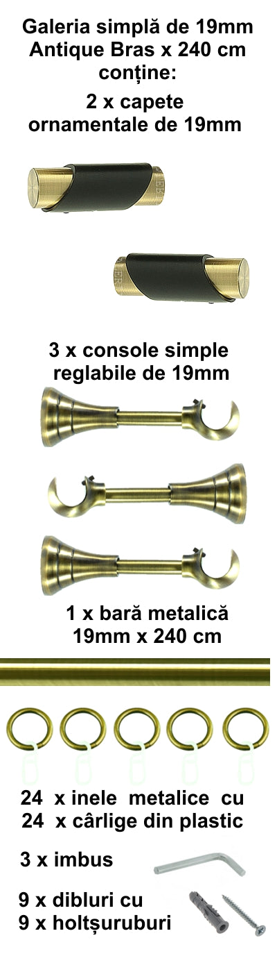 Galerie Metalică Paris, simplă, clasică, cu inele, 19mm, antique brass (auriu antic)