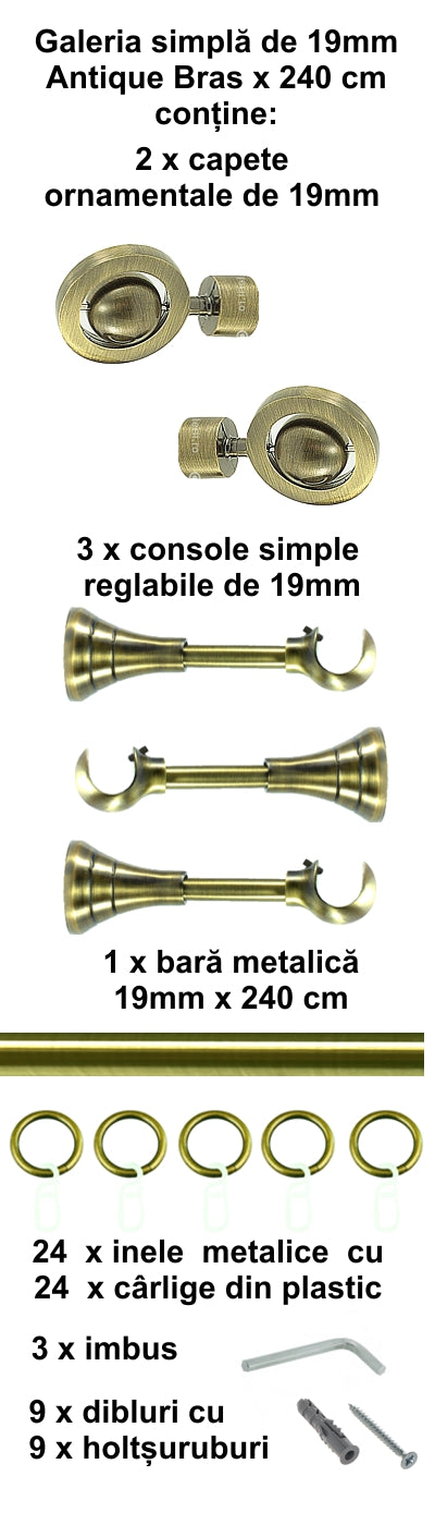 Galerie Metalică Seti, simplă, clasică, cu inele, 19mm, antique brass (auriu antic)