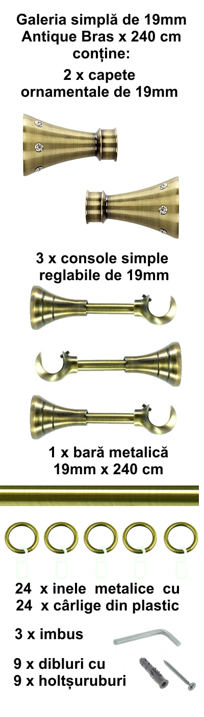 Galerie Metalică Sigma, simplă, clasică, cu inele, 19mm, antique brass (auriu antic)
