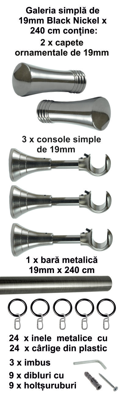 Galerie Metalică Ahile, simplă, clasică, cu inele, 19mm, Black Nickel