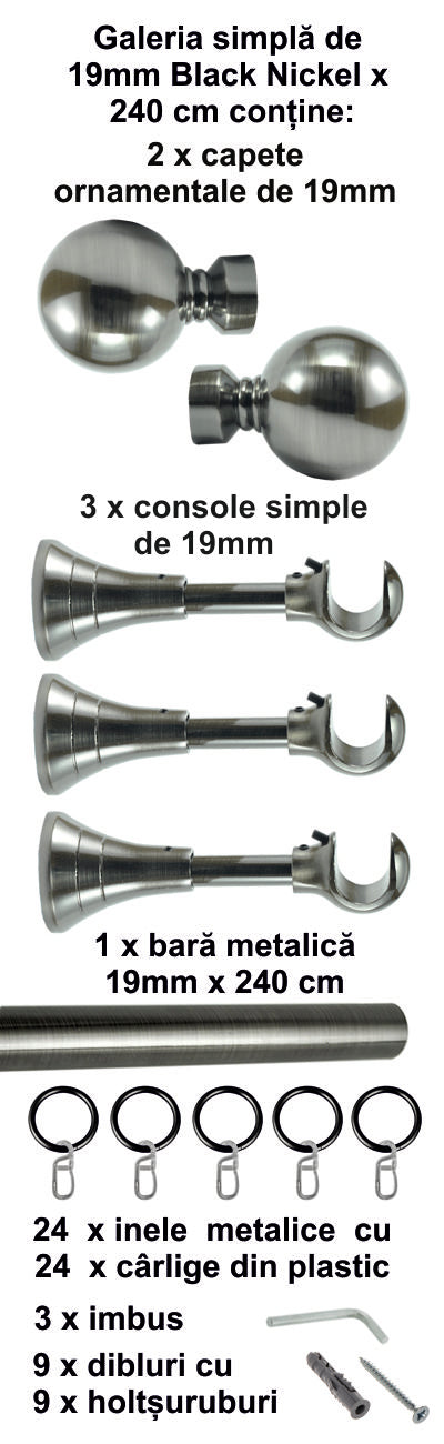 Galerie Metalică Kalisto, simplă, clasică, cu inele, 19mm, Black Nickel