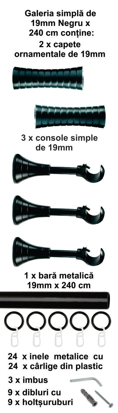 Galerie Metalică Febris, simplă, clasică, cu inele, 19mm, Negru