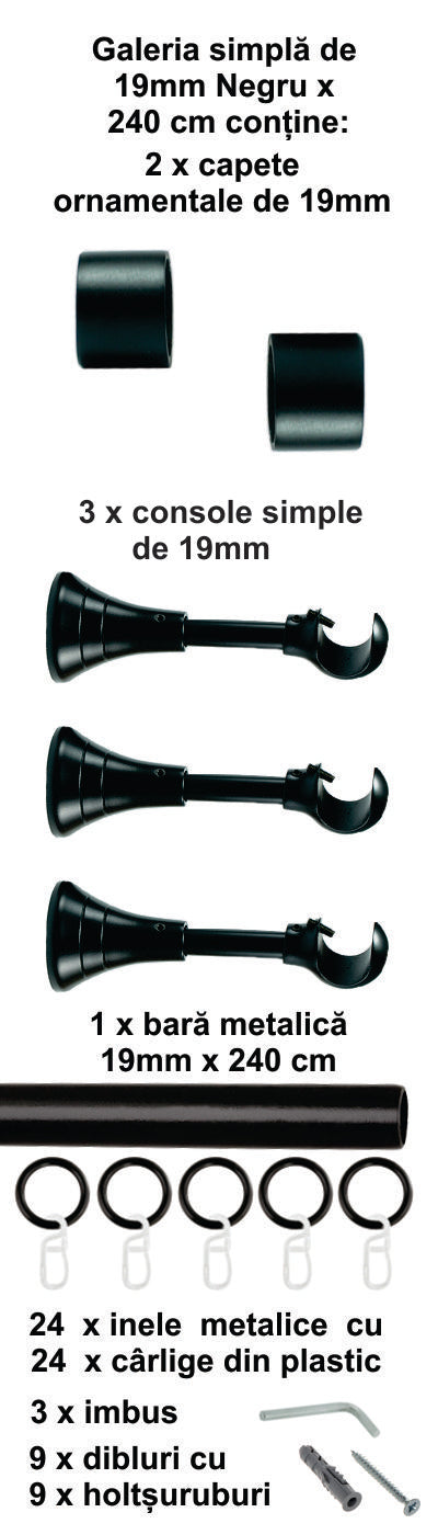 Galerie Metalică Luna, simplă, clasică, cu inele, 19mm, Negru