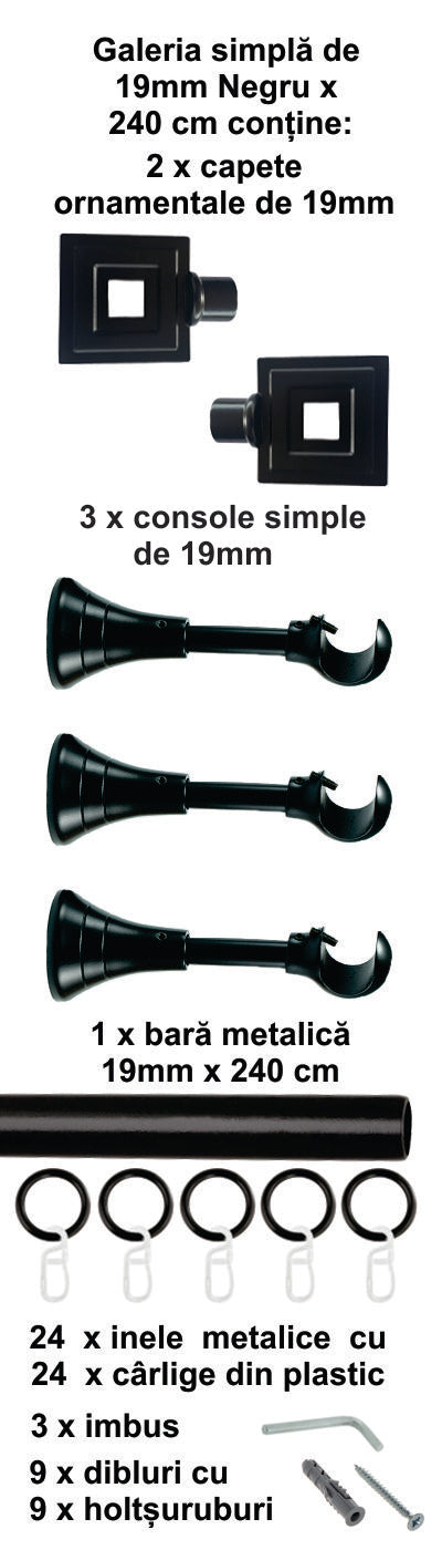 Galerie Metalică Square, simplă, clasică, cu inele, 19mm, Negru