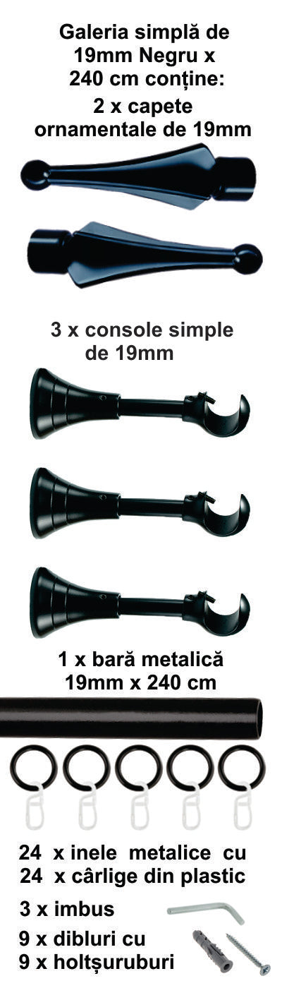 Galerie Metalică Robin, simplă, clasică, cu inele, 19mm, Negru