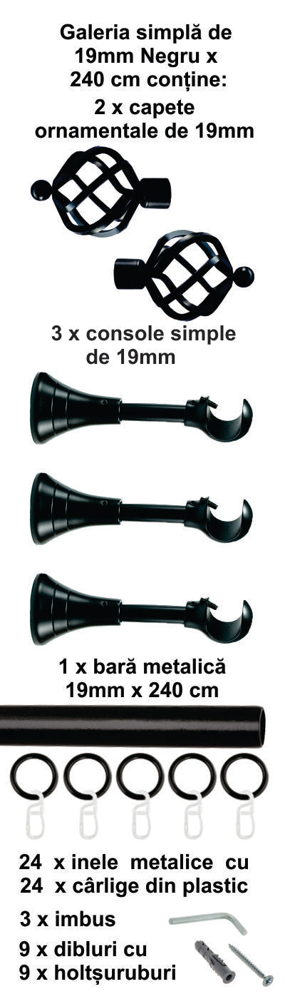 Galerie Metalică Torso, simplă, clasică, cu inele, 19mm, Negru