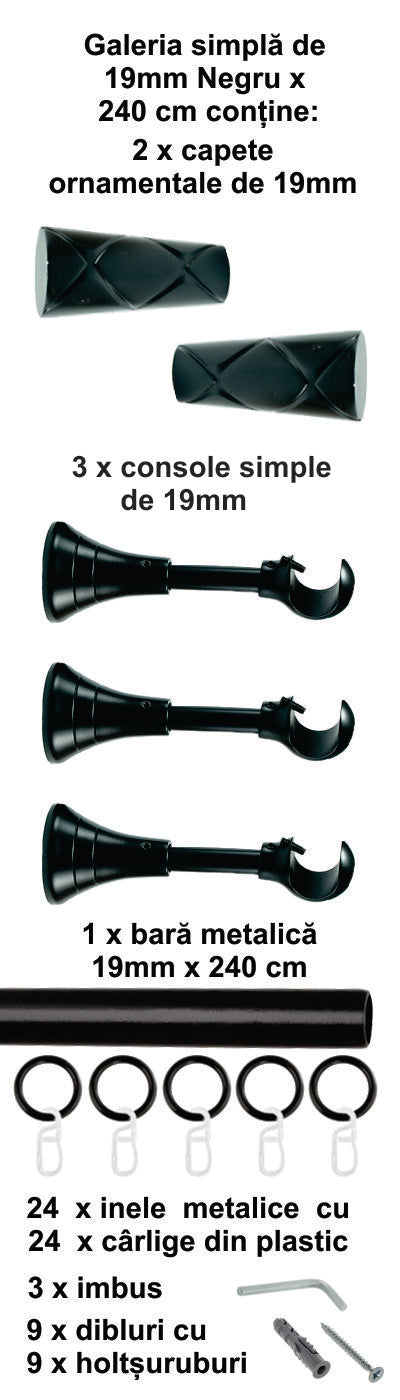 Galerie Metalică Zeus, simplă, clasică, cu inele, 19mm, Negru
