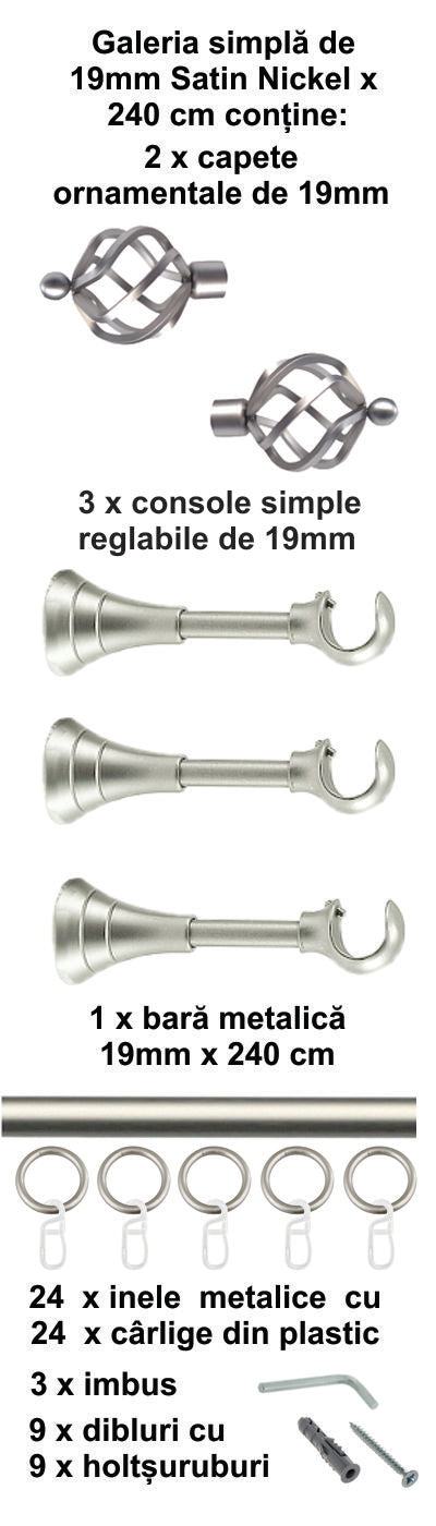 Galerie Metalică Torso, simplă, clasică, cu inele, 19mm, satin nichel (argintiu mat)