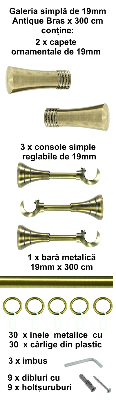 Galerie Metalică Ahile, simplă, clasică, cu inele, 19mm, antique brass (auriu antic)