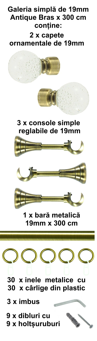 Galerie Metalică Buble, simplă, clasică, cu inele, 19mm, antique brass (auriu antic)