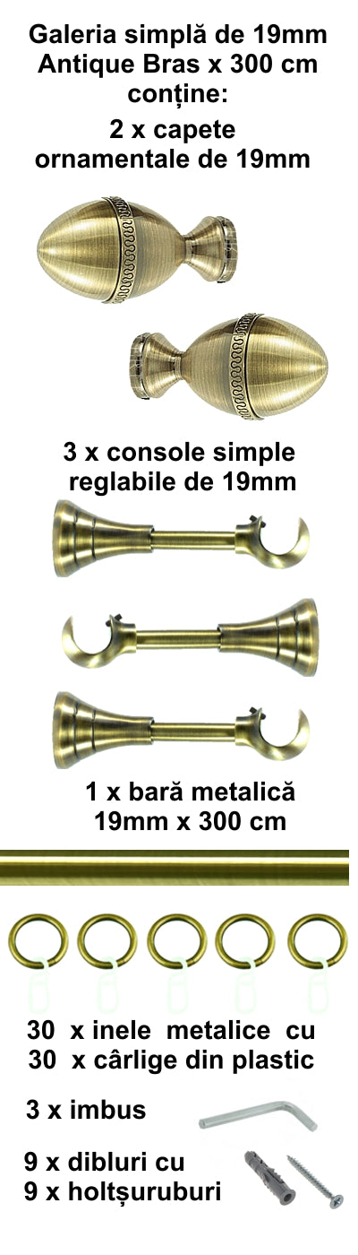 Galerie Metalică Cezar, simplă, clasică, cu inele, 19mm, antique brass (auriu antic)