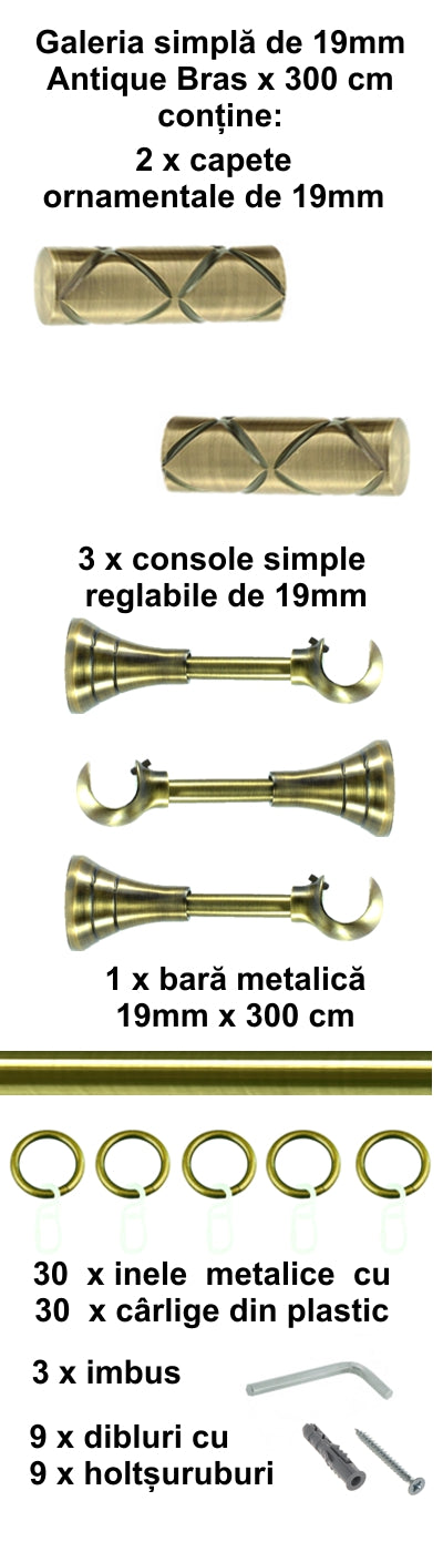 Galerie Metalică Ciel, simplă, clasică, cu inele, 19mm, antique brass (auriu antic)