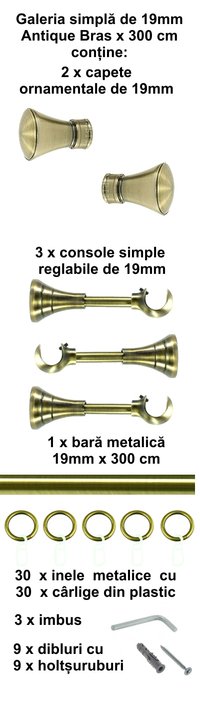 Galerie Metalică Conic, simplă, clasică, cu inele, 19mm, antique brass (auriu antic)