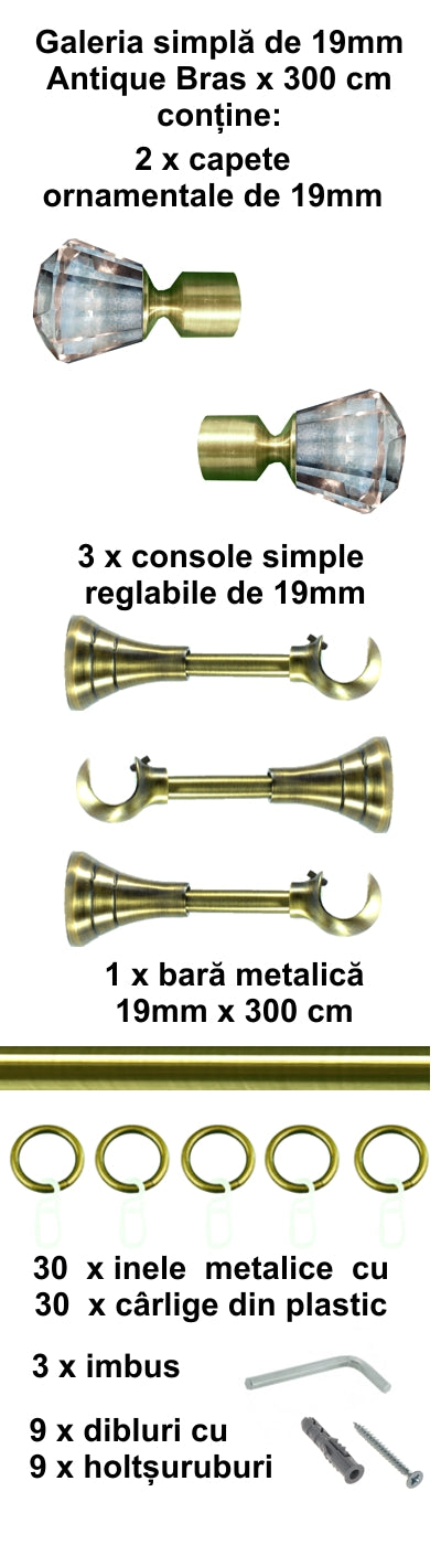 Galerie Metalică Cristal, simplă, clasică, cu inele, 19mm, antique brass (auriu antic)