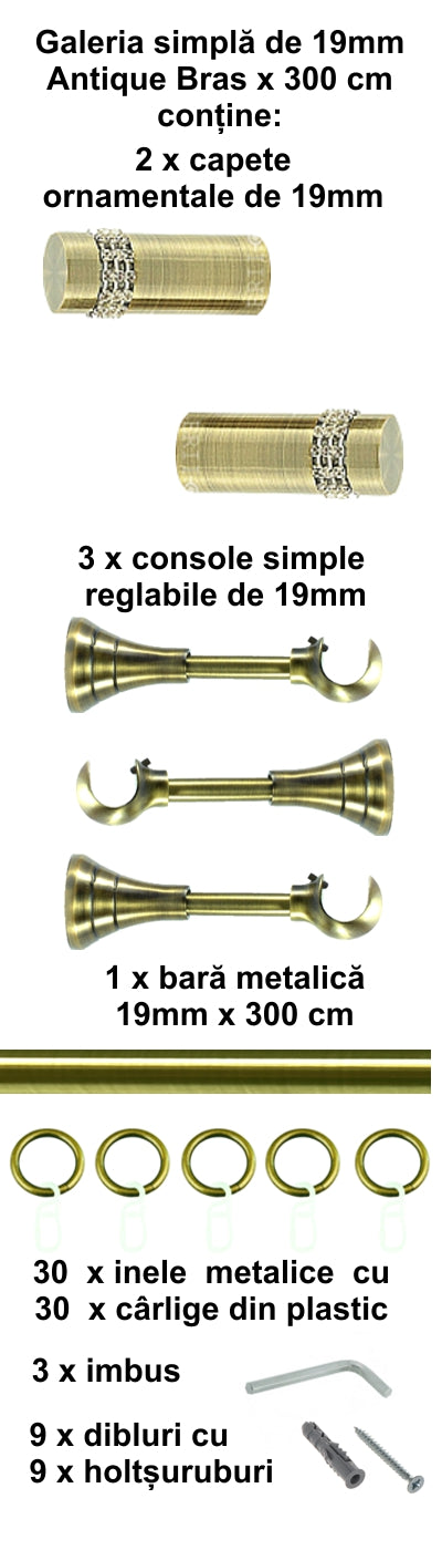 Galerie Metalică Dios, simplă, clasică, cu inele, 19mm, antique brass (auriu antic)