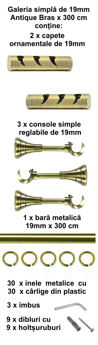 Galerie Metalică Drop, simplă, clasică, cu inele, 19mm, antique brass (auriu antic)