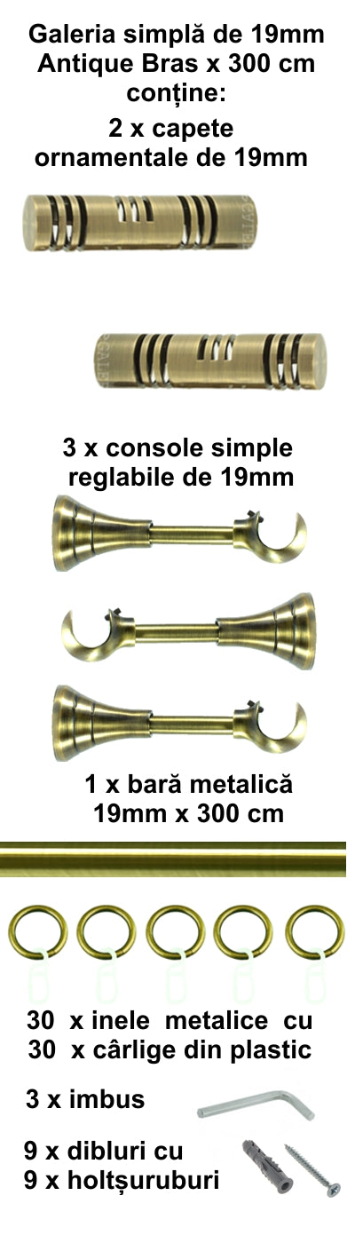 Galerie Metalică Elis, simplă, clasică, cu inele, 19mm, antique brass (auriu antic)