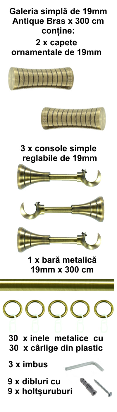 Galerie Metalică Febris, simplă, clasică, cu inele, 19mm, antique brass (auriu antic)
