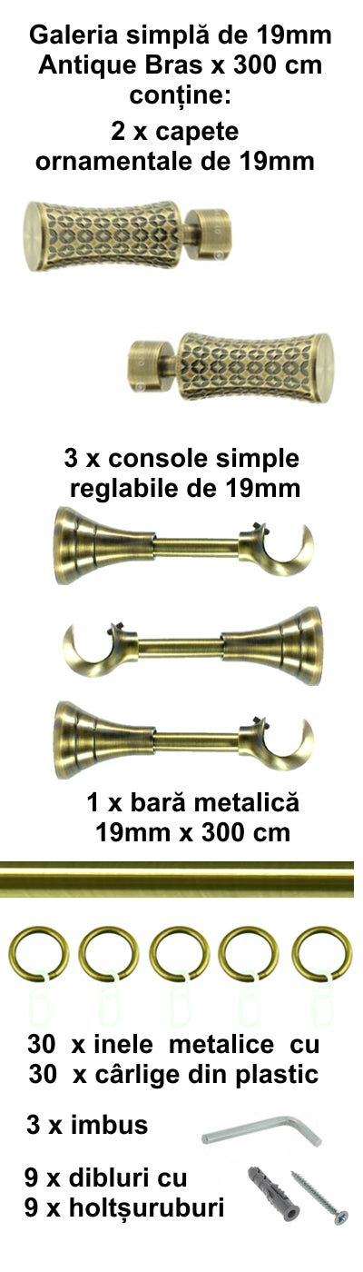Galerie Metalică Jaris, simplă, clasică, cu inele, 19mm, antique brass (auriu antic)