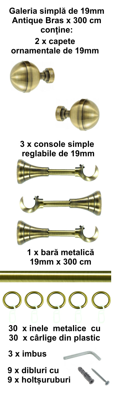 Galerie Metalică Kalisto, simplă, clasică, cu inele, 19mm, antique brass (auriu antic)