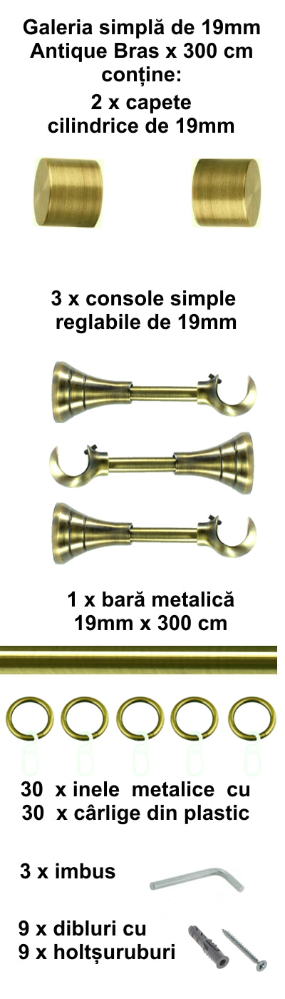 Galerie Metalică Luna, simplă, clasică, cu inele, 19mm, antique brass (auriu antic)