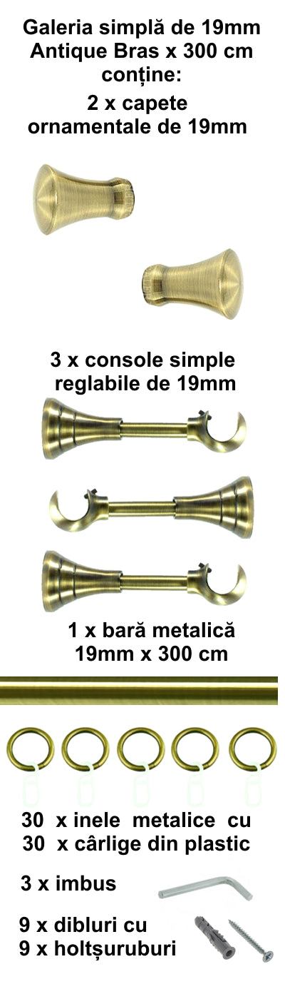 Galerie Metalică Monaco, simplă, clasică, cu inele, 19mm, antique brass (auriu antic)