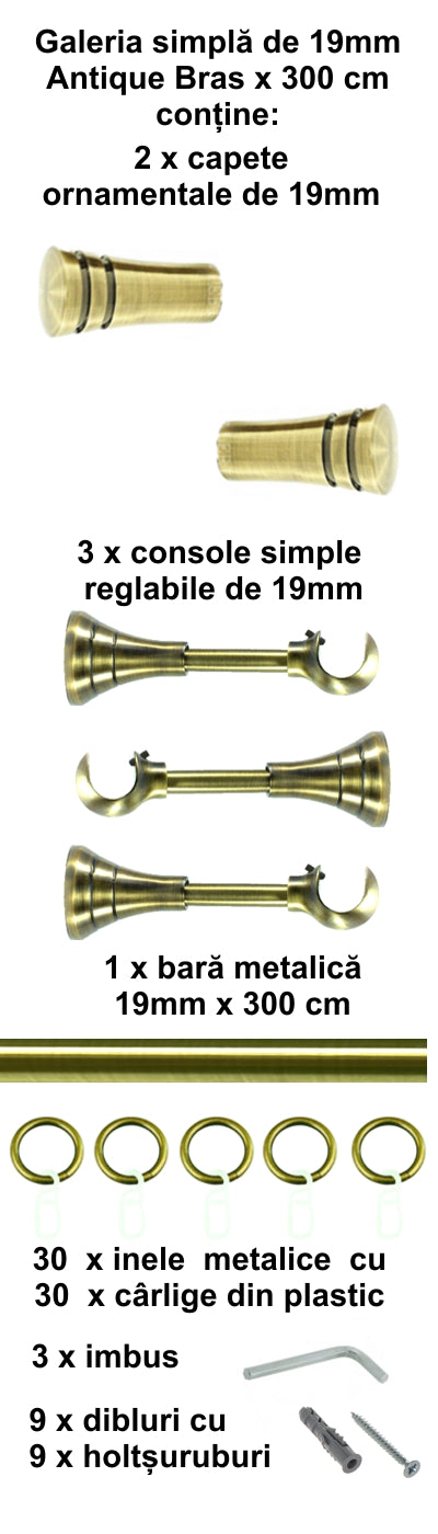 Galerie Metalică Paola, simplă, clasică, cu inele, 19mm, antique brass (auriu antic)