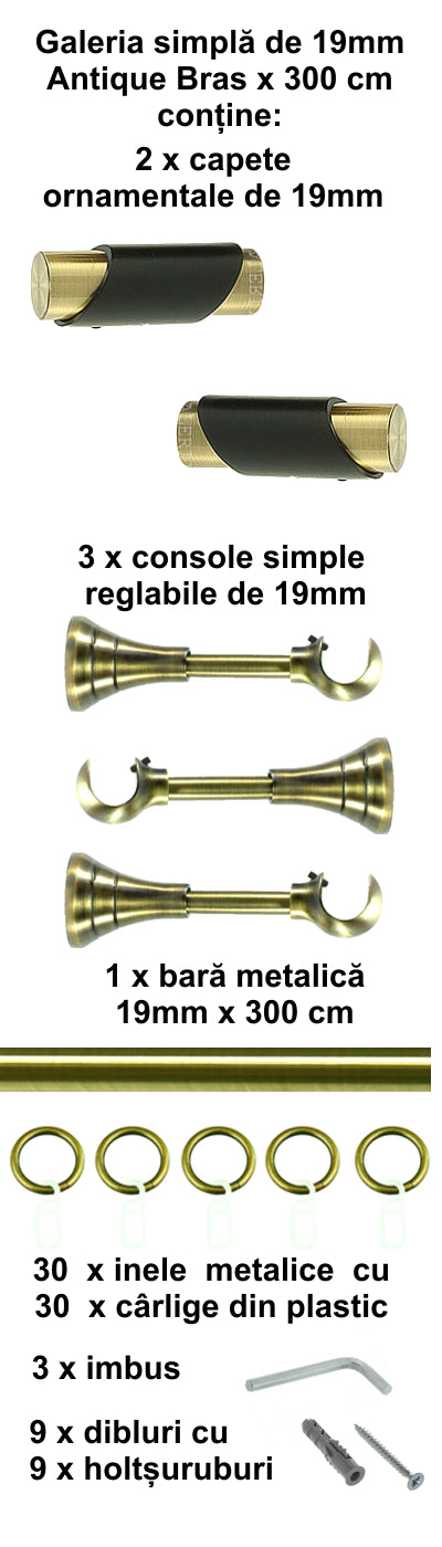 Galerie Metalică Paris, simplă, clasică, cu inele, 19mm, antique brass (auriu antic)