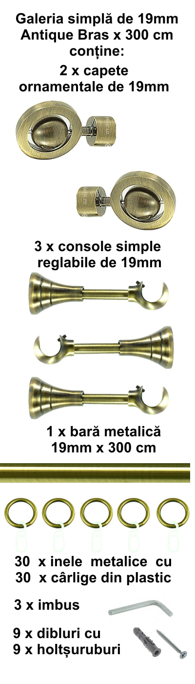 Galerie Metalică Seti, simplă, clasică, cu inele, 19mm, antique brass (auriu antic)