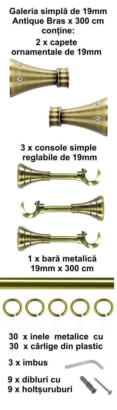 Galerie Metalică Sigma, simplă, clasică, cu inele, 19mm, antique brass (auriu antic)