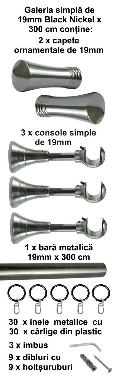 Galerie Metalică Ahile, simplă, clasică, cu inele, 19mm, Black Nickel