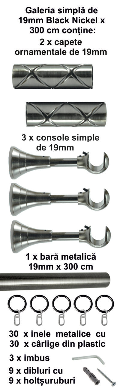 Galerie Metalică Ciel, simplă, clasică, cu inele, 19mm, Black Nickel