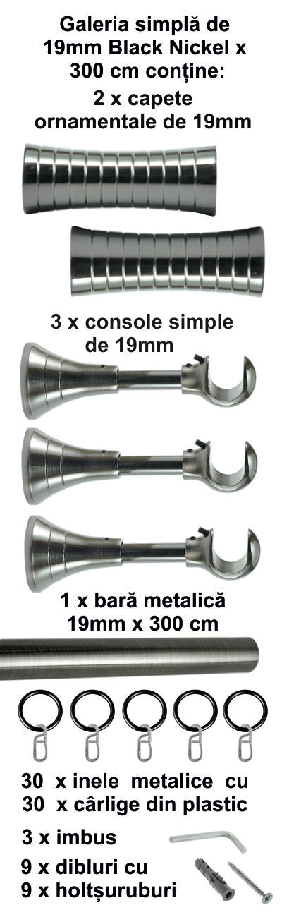 Galerie Metalică Febris, simplă, clasică, cu inele, 19mm, Black Nickel