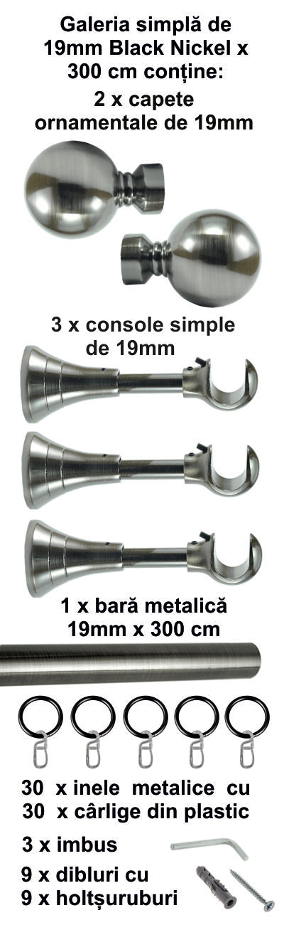 Galerie Metalică Kalisto, simplă, clasică, cu inele, 19mm, Black Nickel