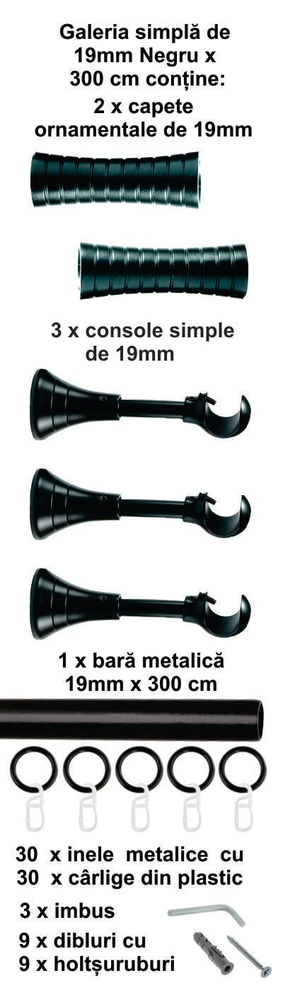 Galerie Metalică Febris, simplă, clasică, cu inele, 19mm, Negru