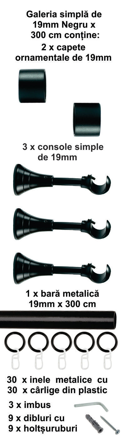 Galerie Metalică Luna, simplă, clasică, cu inele, 19mm, Negru