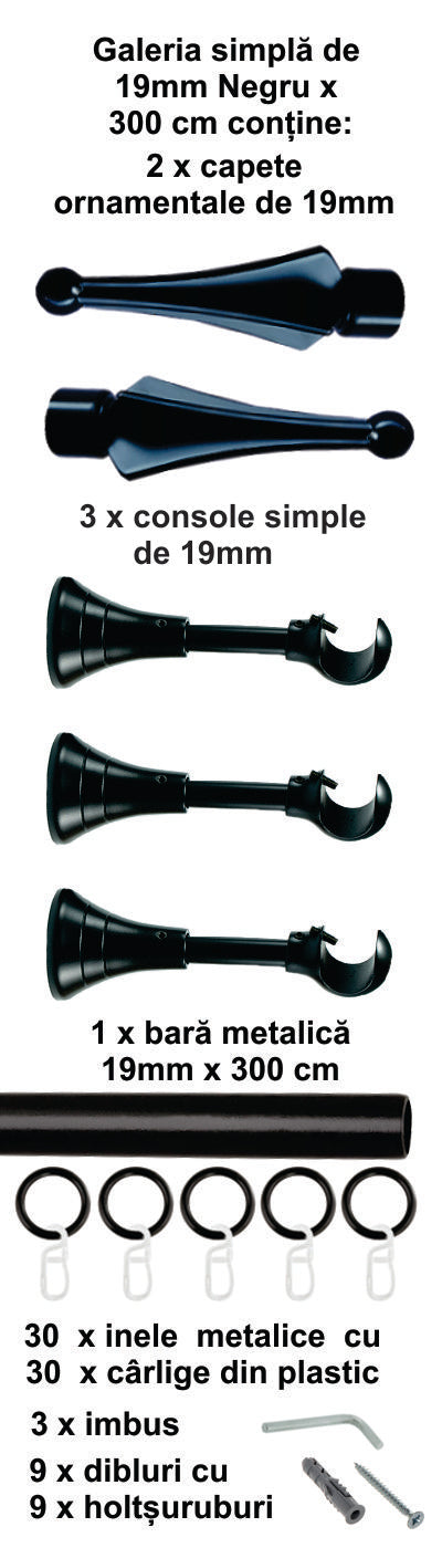 Galerie Metalică Robin, simplă, clasică, cu inele, 19mm, Negru