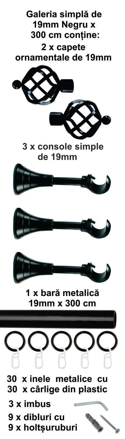 Galerie Metalică Torso, simplă, clasică, cu inele, 19mm, Negru