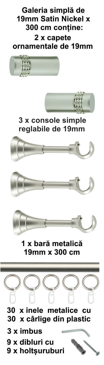 Galerie Metalică Dios, simplă, clasică, cu inele, 19mm, satin nichel (argintiu mat)