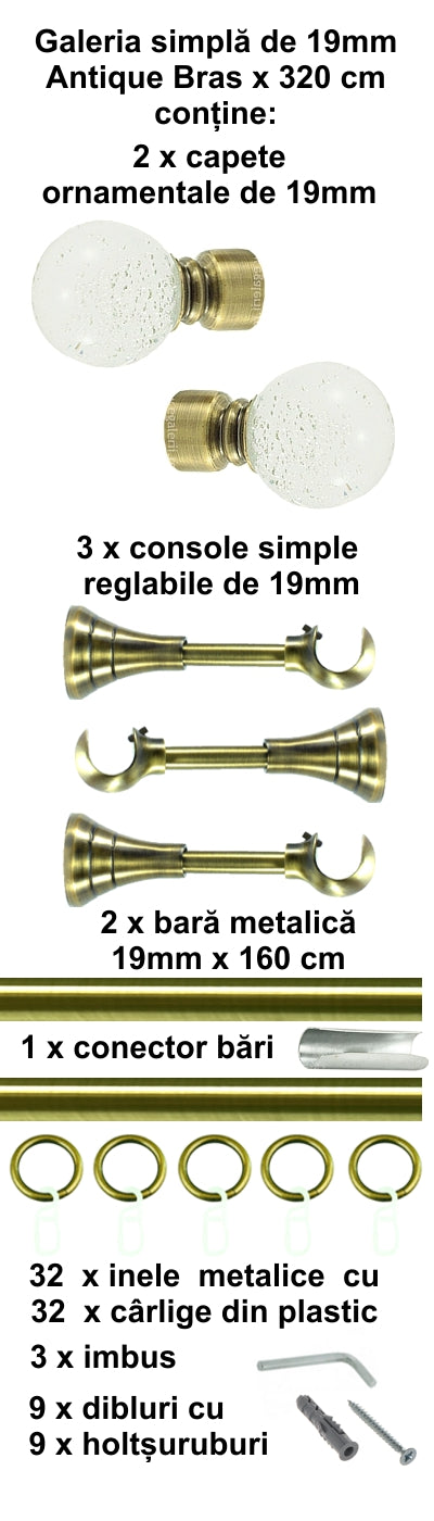 Galerie Metalică Buble, simplă, clasică, cu inele, 19mm, antique brass (auriu antic)