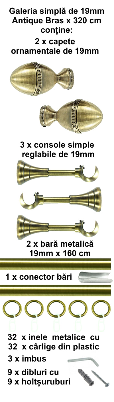 Galerie Metalică Cezar, simplă, clasică, cu inele, 19mm, antique brass (auriu antic)