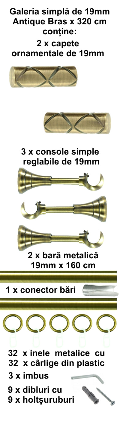 Galerie Metalică Ciel, simplă, clasică, cu inele, 19mm, antique brass (auriu antic)