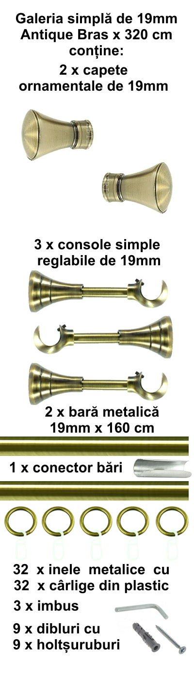 Galerie Metalică Conic, simplă, clasică, cu inele, 19mm, antique brass (auriu antic)
