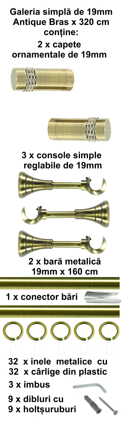 Galerie Metalică Dios, simplă, clasică, cu inele, 19mm, antique brass (auriu antic)