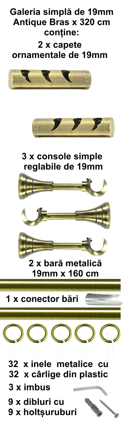 Galerie Metalică Drop, simplă, clasică, cu inele, 19mm, antique brass (auriu antic)